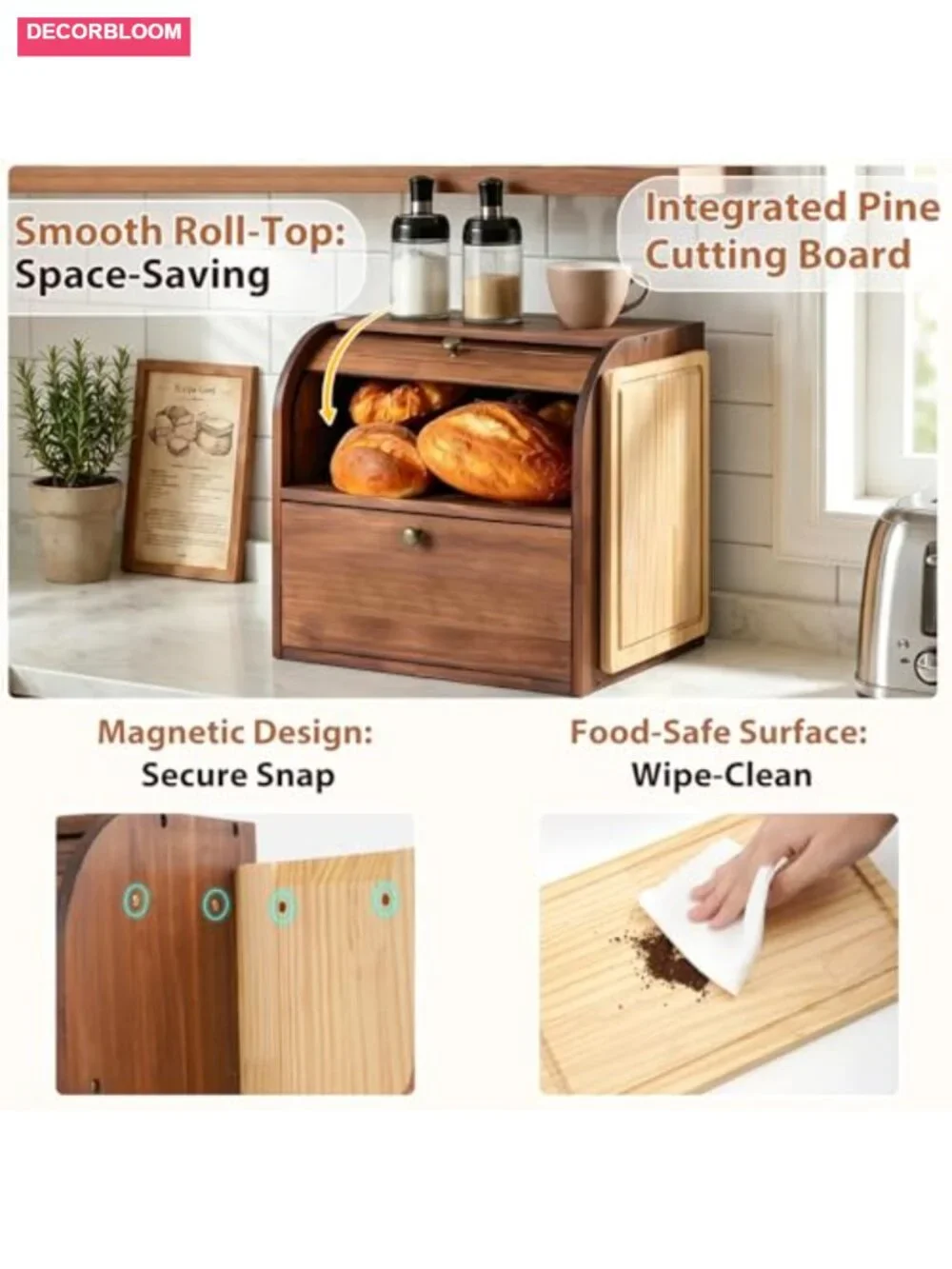 Wooden 2-Tier Bread Box with Roll Top & Cutting Board, Kitchen Storage